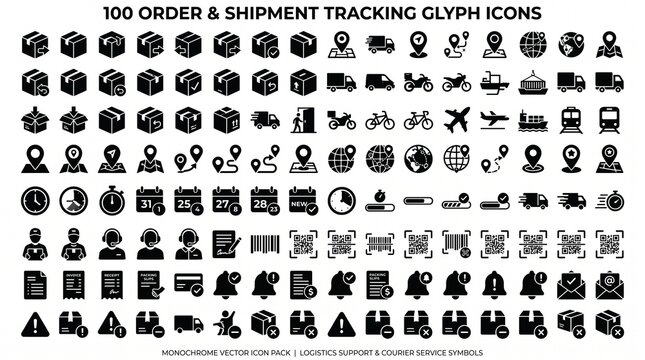 Collection of 100 order and shipment tracking glyph icons with shipping