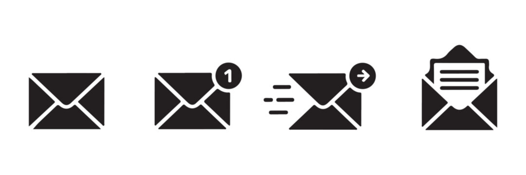 Four envelope icons email symbols showing notification sending outgoing and incoming messages.