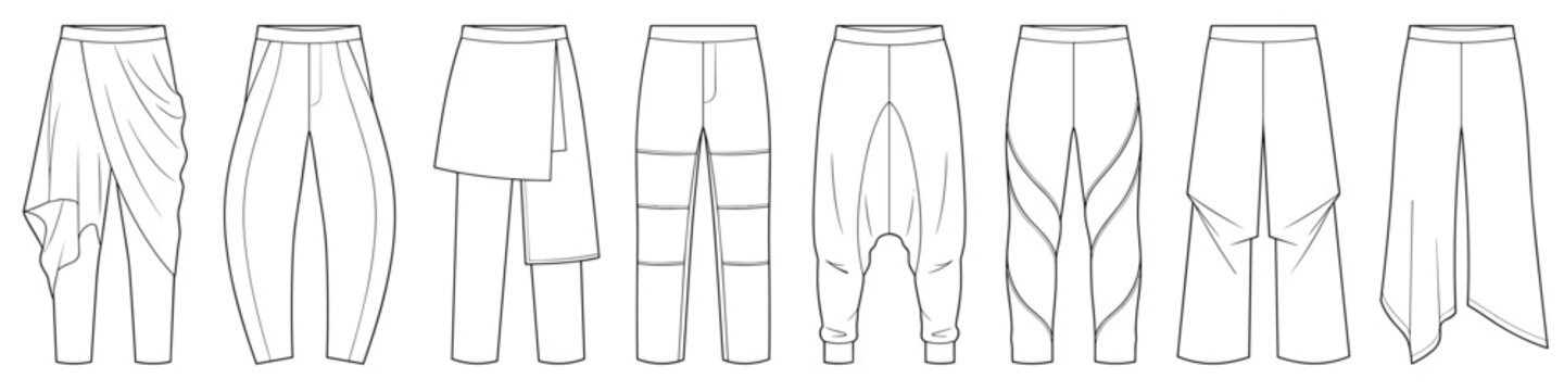 womens avant garde draped harem pants and asymmetrical wrap trouser flat sketch vector illustration transparent background technical cad drawing