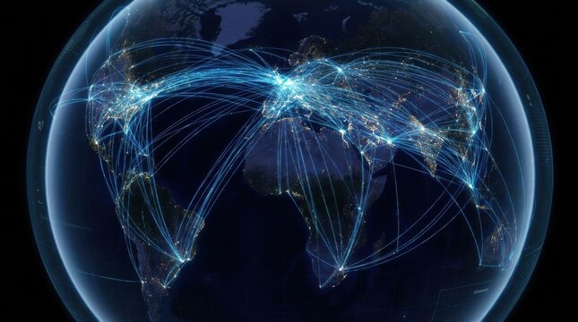 Global Connectivity Network: An illuminated representation of Earth at night, showcasing a complex web of interconnected flight paths and transportation routes spanning continents.