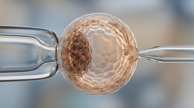 3D illustration showing a human embryo at the blastocyst stage being held by a micropipette during an artificial insemination or IVF procedure.