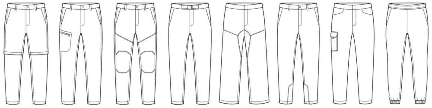 mens outdoor hiking pants and convertible zip off trousers flat sketch vector illustration transparent background technical cad drawing template
