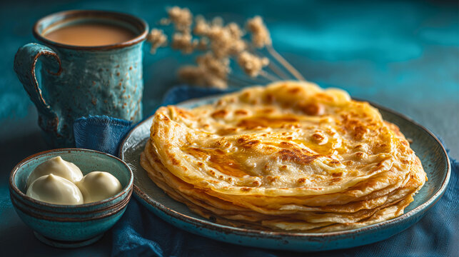 Elegant studio food photography featuring layered paratha and rosogolla arranged centrally on rustic ceramic plate with vibrant teal background, realistic buttery bread texture with syrupy dessert det