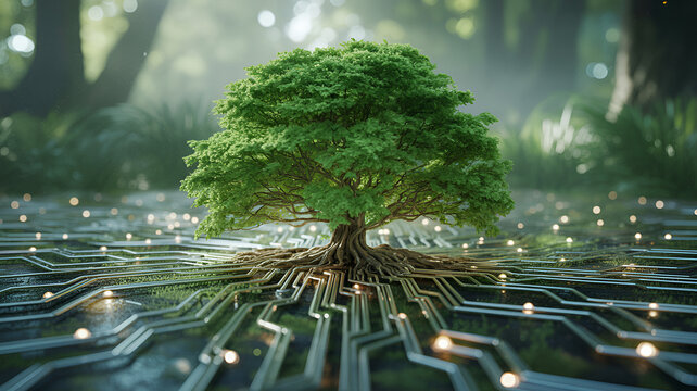 Lush tree growing from circuit board roots in a mystical forest with soft glowing lights