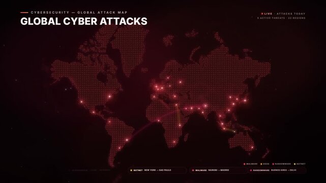 Global cyber attack world map visualization with live cybersecurity threat hotspots