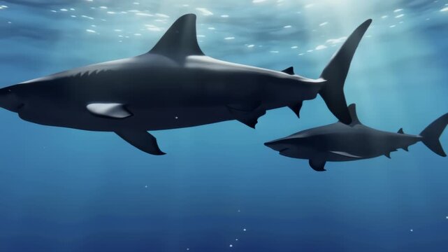 Two large predatory sharks swimming gracefully in clear blue ocean water with sunlight filtering from above