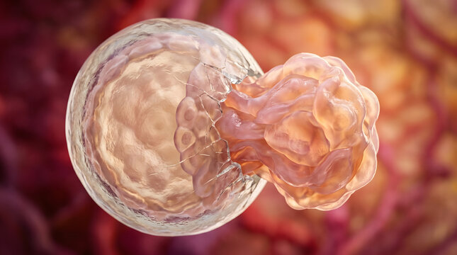 3D Medical Illustration of a Human Blastocyst Hatching from the Zona Pellucida during the Implantation Process in Assisted Reproductive Technology