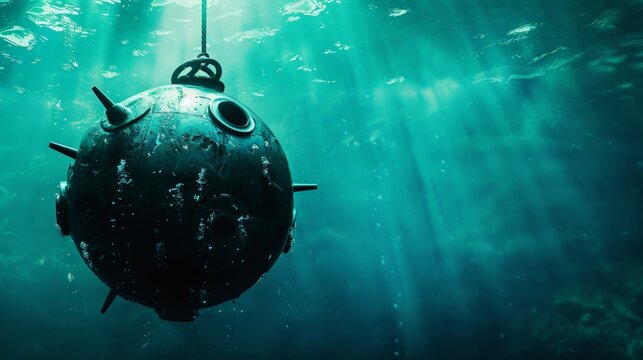 Underwater view of a spherical submersible device with protruding sensors suspended in deep blue ocean water illuminated by sunlight filtering through the surface