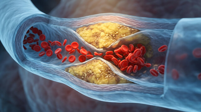 Medical 3D illustration showing cholesterol plaque buildup in a human artery narrowing the blood vessel and obstructing red blood cell flow.