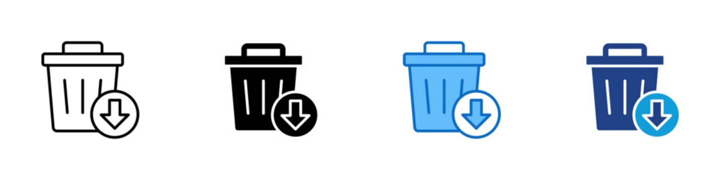 Waste Reduction Multiple Style Icon Design Vector - Trash bin with downward arrow representing waste reduction, lean efficiency, and resource saving