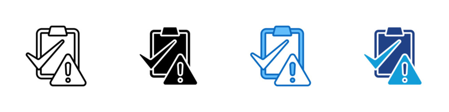 Contingency Plan Multiple Style Icon Design Vector - Clipboard with check mark and warning sign representing contingency plan, risk preparation, and emergency action checklist