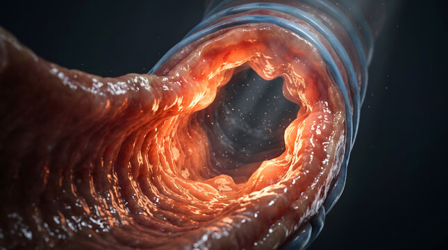 3D medical illustration showing the internal structure of a human bronchus or trachea with mucosal lining and cartilage rings for respiratory health.