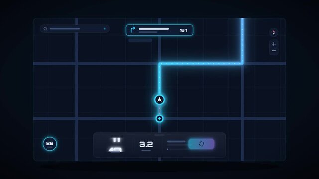 GPS navigation map app interface with animated route direction to destination pin