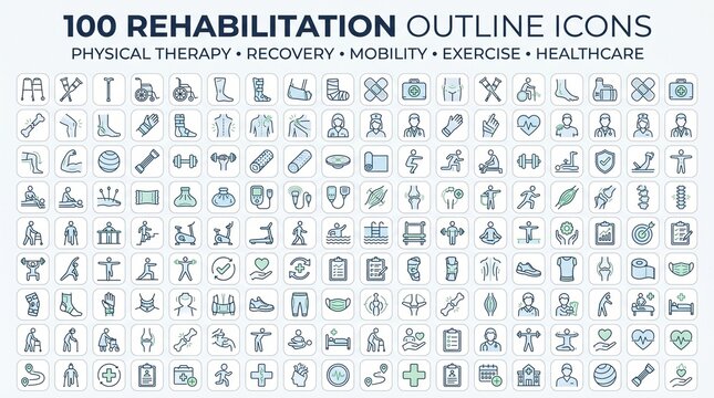 Set of 100 rehabilitation and physical therapy outline icons with rehabilitation