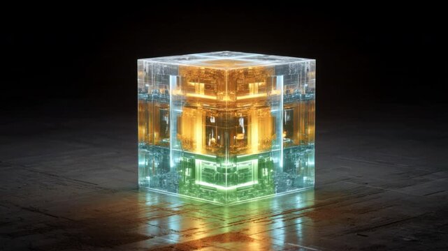 Illuminated translucent cube with layered glowing sections in orange blue and green on reflective wooden surface futuristic design abstract digital artwork