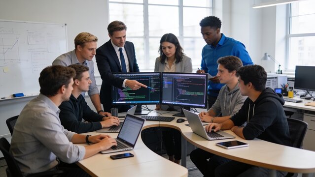 Group of business people and software developers working as a team in office 
