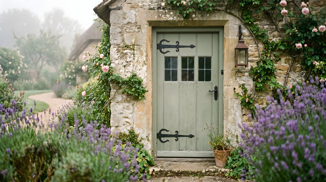 Charming rustic stone cottage entrance featuring a sage green door surrounded by blooming lavender and pink climbing roses on a misty morning