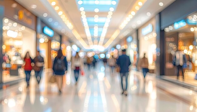 Blurred view of people walking inside a brightly lit shopping mall.