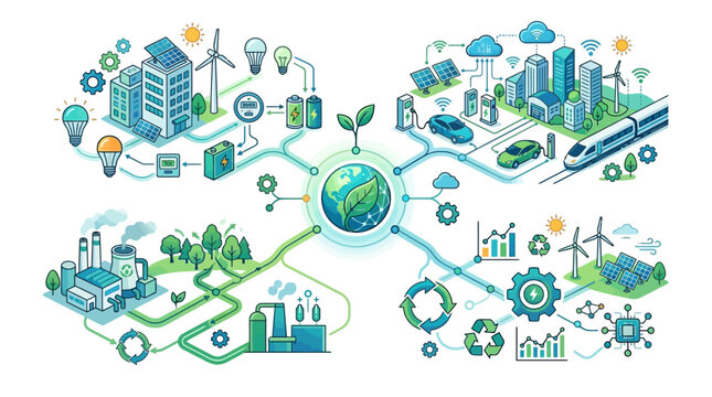 Infographic illustration of sustainable development concepts with eco-friendly icons and symbols on a white background.