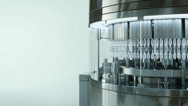 Industrial automated bottling machine in beverage production facility, smart manufacturing technology concept, editorial industrial photography with copy space