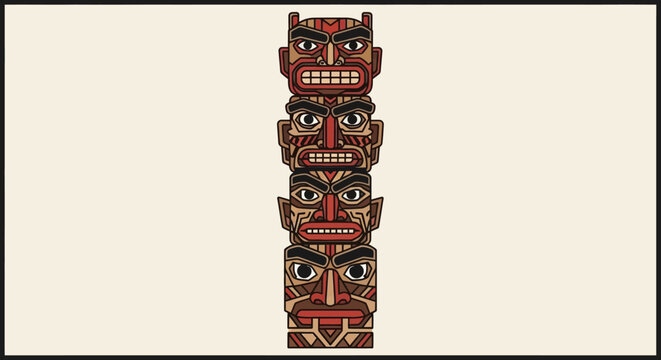 Totem pole with carved animal faces.