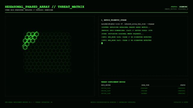Hexagonal Phased Array Threat Matrix Cyber Grid Honeycomb Anomaly Detection Packet Injection Terminal Animation.