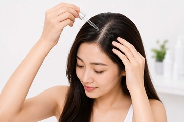 Naklejka premium Young Asian woman applying hair serum directly to her scalp using a dropper. Hair growth, scalp care, hair treatment, healthy hair, beauty, and wellness concept on a clean bright background.