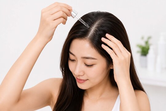 Young Asian woman applying hair serum directly to her scalp using a dropper. Hair growth, scalp care, hair treatment, healthy hair, beauty, and wellness concept on a clean bright background.