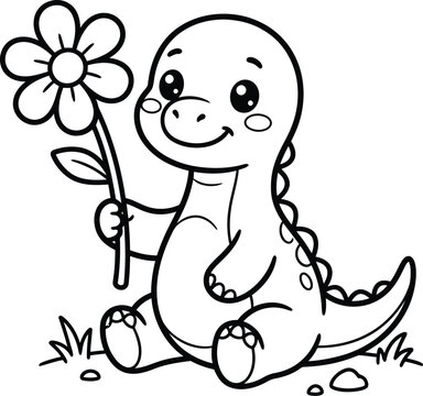 Black and white line art of a smiling cartoon dinosaur sitting and holding a daisy flower, designed as a coloring page.