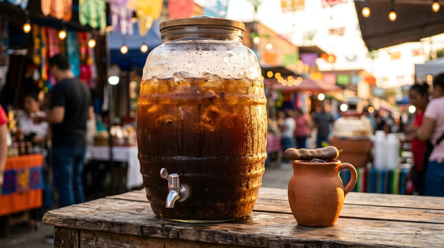 Refreshing Mexican tamarind water in a large glass barrel dispenser with ice and traditional clay mug at a vibrant street market.