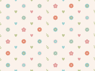 Obraz premium Floral seamless pattern with flowers, leaves and hearts suitable for textile design, wrapping paper, wallpaper, scrapbook background