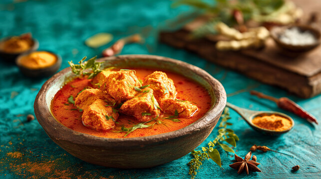 Authentic soya bori curry served in a rustic ceramic bowl centered beautifully in frame with vibrant teal backdrop, glossy curry texture with detailed soy bori pieces, soft natural studio lighting, 
