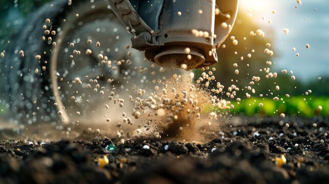 Close-up of agricultural machinery dispersing soil and seeds during planting process in a field, with sunlight illuminating the scene and blurred green crops in the background