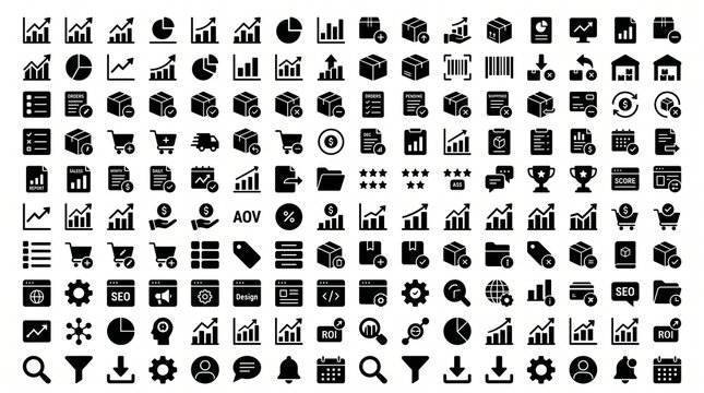 Business data analysis and analytics glyph icon set for reporting with analysis