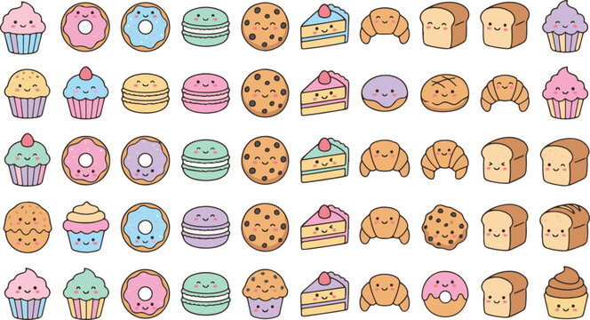 Kawaii cartoon sweets pattern with cupcakes and donuts