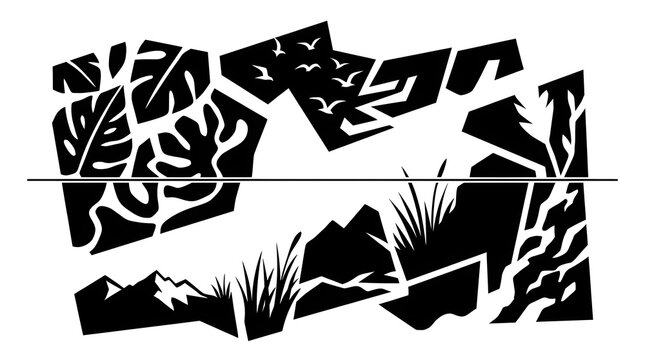 Abstract Nature Split Panel Divider Vector Illustration with Silhouette Foliage and Mountains in Black and White Style