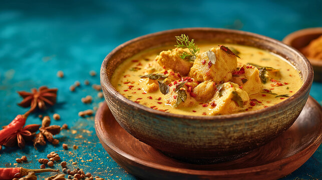 Authentic soya bori curry served in a rustic ceramic bowl centered beautifully in frame with vibrant teal backdrop, glossy curry texture with detailed soy bori pieces, soft natural studio lighting, 