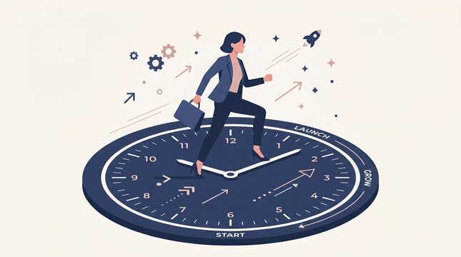 Minimalist professional stepping onto launchpad clock face flat vector illustration