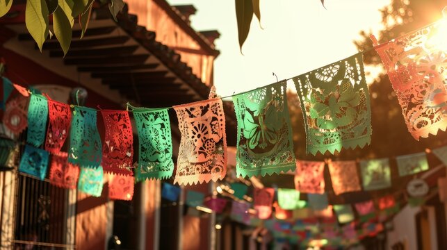 Colorful papel picado banners hanging across a street in a vibrant neighborhood, illuminated by warm sunlight during a festive celebration in Mexico
