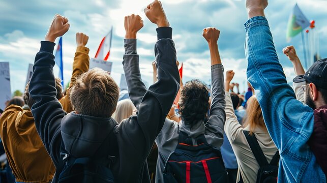Group of diverse individuals raising fists in solidarity during a protest, with flags and banners visible against a cloudy sky in an outdoor setting