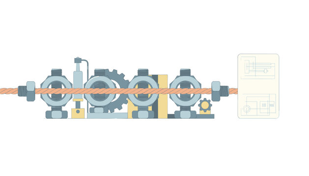 Mechanical assembly featuring a threaded copper rod passing through steel nuts and gears with a technical schematic diagram for industrial engineering design.