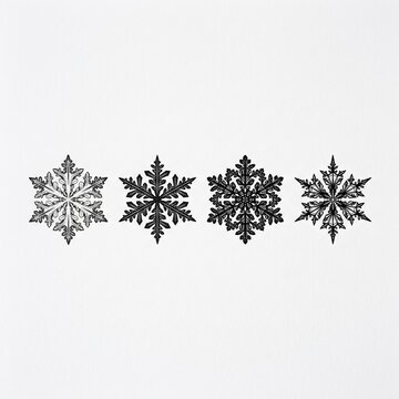 Four intricate black and white snowflakes in a horizontal row on a plain white background.