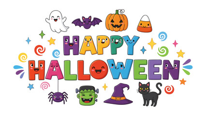 Fototapeta premium Happy Halloween Characters: A whimsical collection of cartoon Halloween icons, including a ghost, bat, pumpkin, candy corn, spider, monster, witch hat, and black cat.
