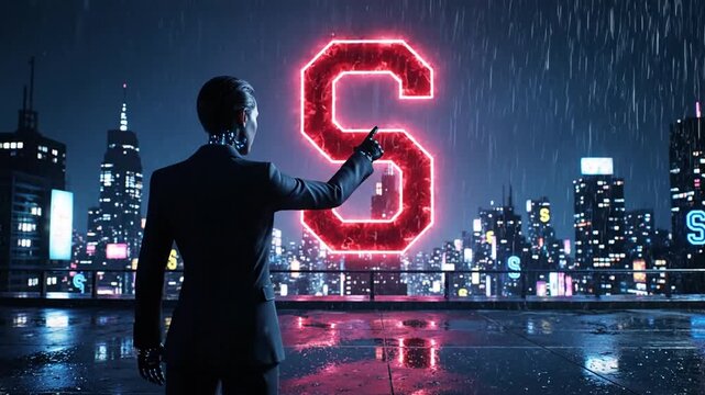Man in a suit touching a large glowing red paragraph sign against a dramatic rainy city skyline at night, representing urban law and justice challenges.