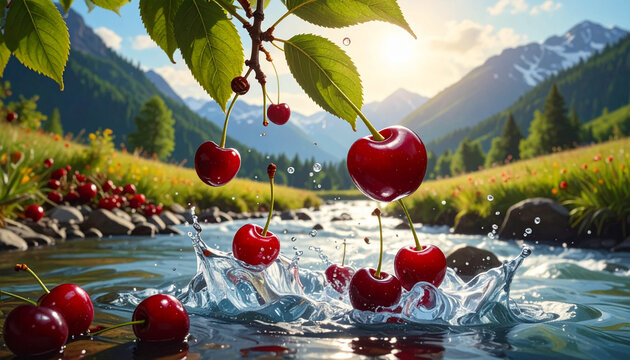 Red Cherries Splashing into Fresh Mountain River Water