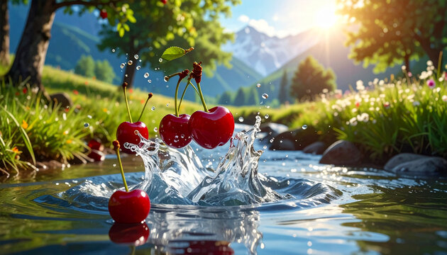 Red Cherries Splashing in Mountain Stream Under Bright Sunlight