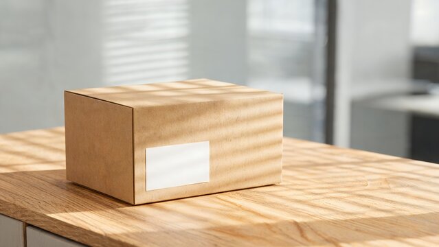 Plain Cardboard Shipping Box on Sunlit Wooden Table Near Window