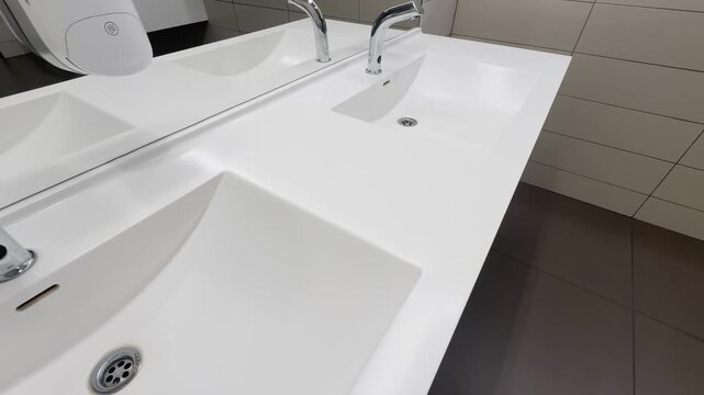 Clean public restroom sinks with white countertop basins, chrome faucets, mirror reflection and tiled walls in a modern bathroom interior.