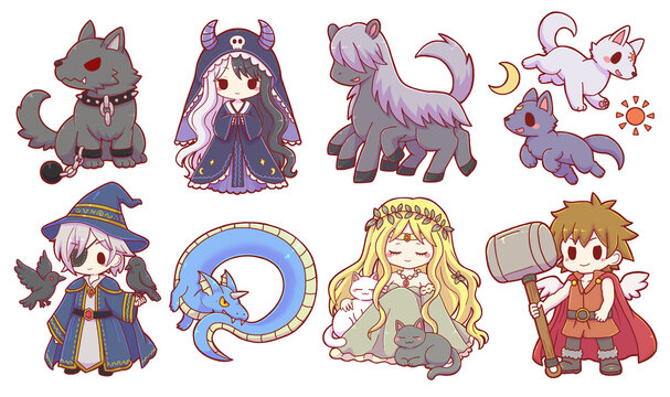 Authentic Hand Drawn Cute Norse Mythology Character Set &ndash; Kawaii Odin, Thor, Freyja, Hel, Fenrir, Jormungandr, Hati, Sk&ouml;ll and Sleipnir Collection