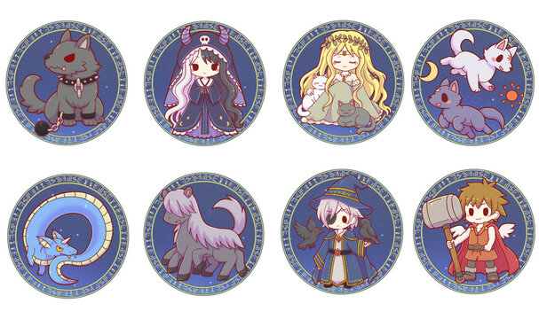 Authentic Hand Drawn Cute Norse Mythology Collection with Magic Circle Background &ndash; Kawaii Fantasy Character Set Featuring Odin, Thor, Freyja and Fenrir